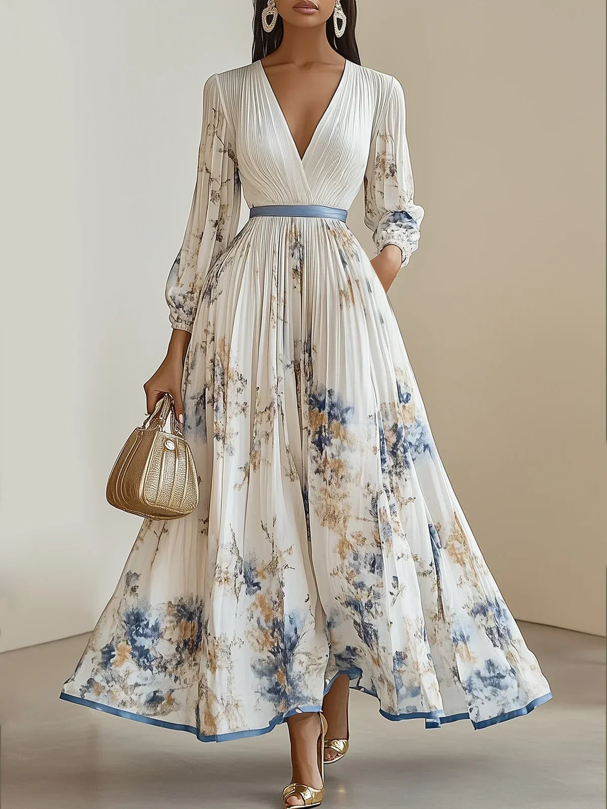 Halston - Elegant V-Neck Puff Sleeve Dress
