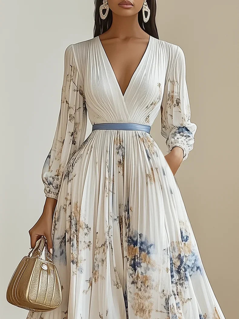 Halston - Elegant V-Neck Puff Sleeve Dress