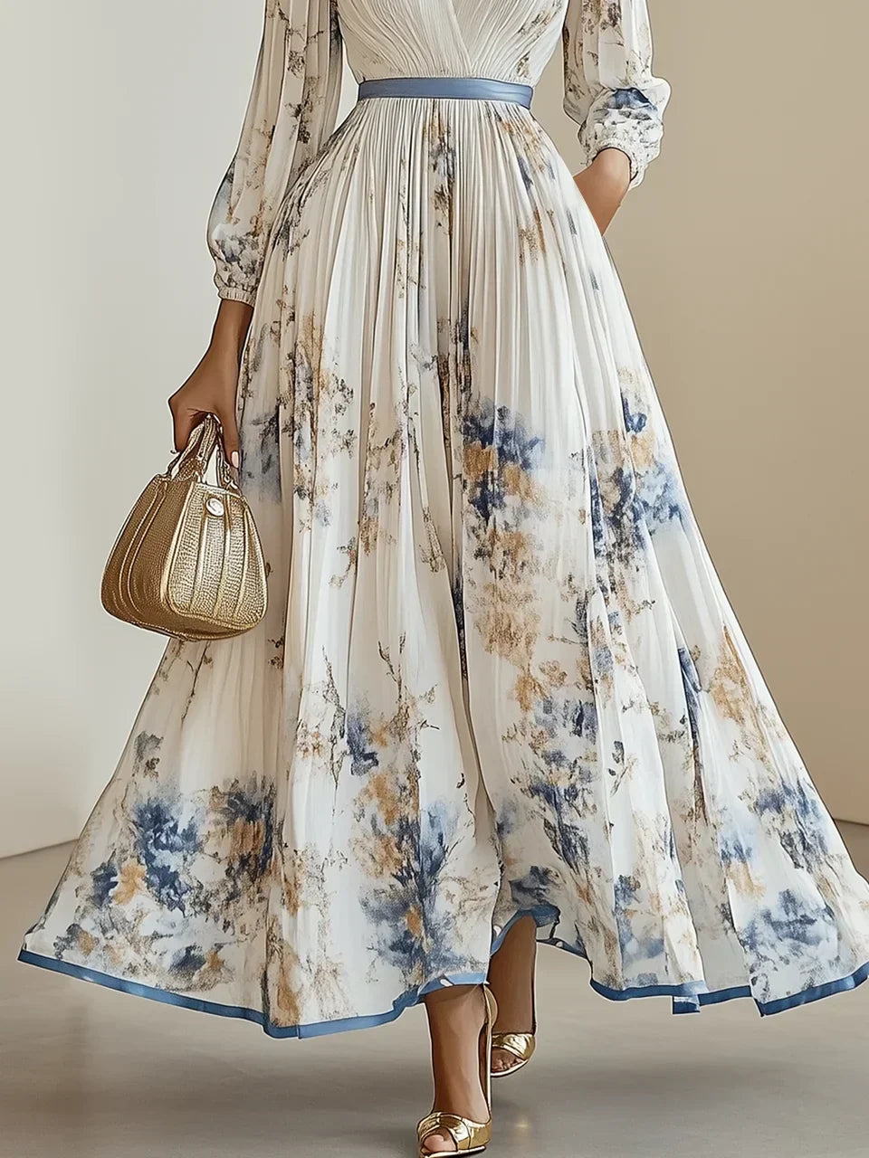 Halston - Elegant V-Neck Puff Sleeve Dress